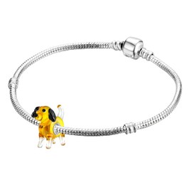Andante-Stones 925 Sterling Silver Murano Glass Bead Charm Animal World Dog Yellow Element Ball for Charm Bracelets + Organza Pouch, Sterling Silver Glass
