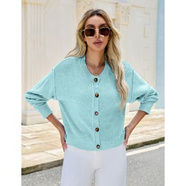 AGSEEM Cropped Sweaters for Women, Long Sleeve Crew Neck Aqua Sweater Y2k Cozy Fitted Cardigan Plus Size Button Cardigan,XXL