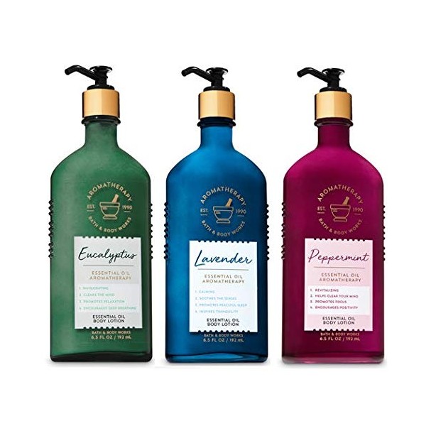 Bath and Body Works 3 Pack Essential Oil Aromatherapy Body Lotion 6.5 Oz. Peppermint, Eucalyptus & Lavender.