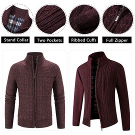 Msmsse Mens Casual Stand Collar Cardigan Zip Up Cable Knitted Sweater with Pockets Wine Red L