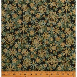 Hoffman California Fabrics Cotton Gold Snowflakes Snow Winter Metallic Green Fabric Print by Yard D415.36