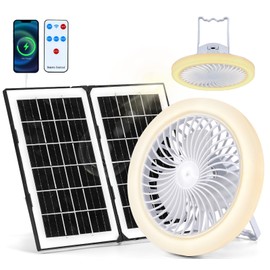 Solar Fan with Light, Outdoor Ceiling Fan with Light & Remote, 9 Inch Portable Camping Fan Rechargeable, 3 Speeds 30dB, 3CCT, Type-C/Solar Charging, Foldable Solar Panel Powered Fan for Tent Desk