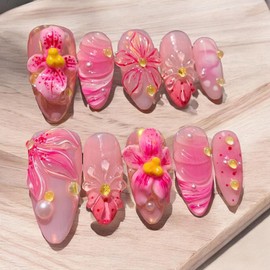 30pcs Pink Flower & Lily Press on Nails Medium Almond Fake Nails Handmade Floral Gel Nails with Mermaid Pearl Design Y2k Glitter Glossy Gradient Fake Nails Reusable Stick On Nails Set for Women