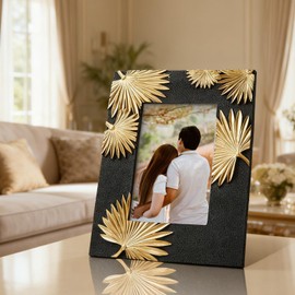 DN DECONATION - Marco de fotos de 4 x 6 pulgadas, color negro con hojas de palma dorada 3D, marco de fotos clásico pequeño de resina para decoración de mesa, decoración de pared de granja, computadora