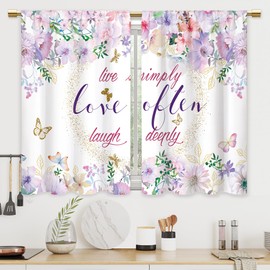 CINEKER - Cortinas de cocina con flores de color morado y rosa – Cortinas de tratamiento de ventana de baño – Cortinas de flores silvestres inspiradoras para café, recámara pequeño, puerta francesa