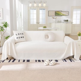 DreDecor Chenille Couch Sofa Cover for 2 Cushion Couch, Couch Cover for Dogs Washable, Soft Durable Large Couch Sofa Slipcover with Tassel, White, 91" x 110"