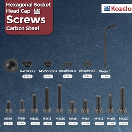 Kozelo 450pcs Socket Head Cap Screws Bolts Nuts Assortment Kit - [M3/M4] Alloy Steel Fully Threaded Black Oxide 12.9 Internal Hex Screw for 3D Printer Use, with Wrench