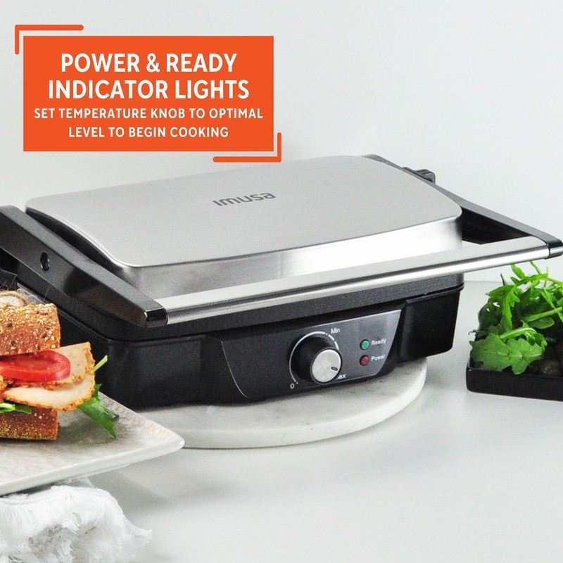 IMUSA Stainless Steel Panini Press Electric with Adjustable Temperature Settings