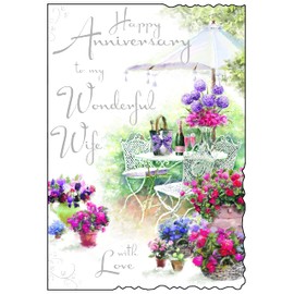 Wife On Our Wedding Anniversary Card - Floral Garden Scene with Champagne - Silver Foil, Flitter & Die Cut Edge - Made in England