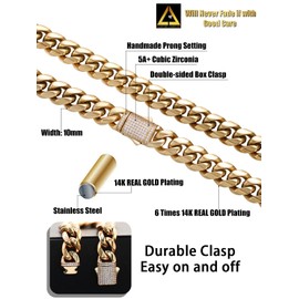 Luxfine Cuban Link Chain 14K REAL Gold Plated Premium 10MM Stainless Steel Miami Necklace Hypoallergenic Hip Hop Jewelry for Men Women Christmas Father Day Birthday Gift (Double-sided Iced Out Clasp)