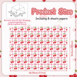 6 Sheets Cherry Bow Wrapping Paper - Not Roll -Pink Cherry Polka Dot and Plaid Design Wrap Paper Folded Flat for Valentine Birthday Baby Shower Supplies, 20 x 27 Inch
