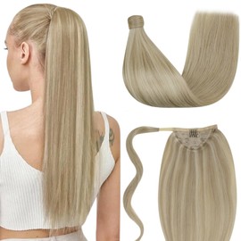 LaaVoo Real Hair Ponytail Extensions Blonde Highlighted Braid Real Hair Extensions Ponytail Extensions Real Hair Golden Blonde Highlight Medium Blonde 80 g #P16/22 45 cm