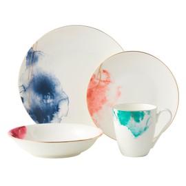 Premium Quality Fine China Dinnerware - Watercolour 4-Piece Set with Dinner Plates, Side Plates, Pasta Bowls and Gold Banding