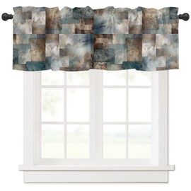 Blue Brown Geometric Window Valance Curtains, Window Treatment for Kitchen, Bathroom, Bedroom, Modern Ombre Abstract Art Rod Pocket Short Curtain 1 Panel, 54x18 in