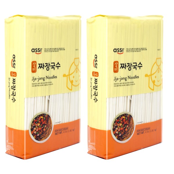 Assi Brand Oriental Style Noodle (Pasta) Dried Noodles, Jjajang, Net WT: 4 LBS (1.8Kg) (2-pack)