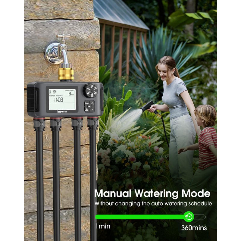 Insoma 4 Zones Sprinkler Timer with Brass Inlet & Outlet,