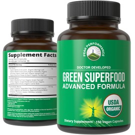 Organic Super Greens 150 Capsules - Green Juice Superfood Supplement with 25 All Natural Organic Ingredients. Max Energy and Detox Super Food Pills with Spirulina, Spinach, Kale, Turmeric, Probiotics