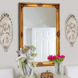 Chende Gold Decorative Mirrors for Wall, 41'' x 29'' Large Living Room Mirror with Ornate Gold Frame, Vintage Baroque Mirror for Fireplace, Bathroom, Dining Room, Entryway