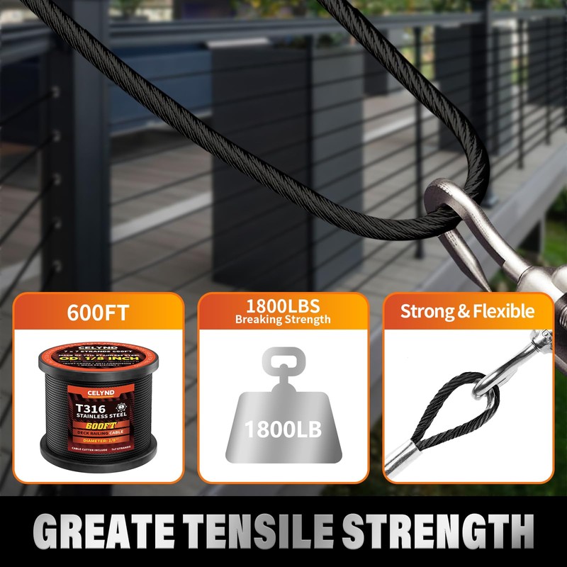 Black Stainless Steel Cable for Railing - 600FT 1/8" T316