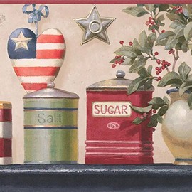 CONCORD WALLCOVERINGS ™ Wallpaper Border Patriotic Pattern American Heart Flowerpots Boxes for Cottage Kitchen Farmhouse, Burgundy Beige Red Blue Green Black, 15 Feet by 9 Inches BV006131B