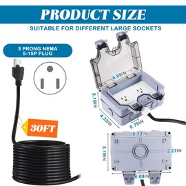 Kanayu Outdoor Outlet Box with 30ft Extension Cord, Dual 15 AMP 5-15 Receptacles Weatherproof Waterproof IP66 Outdoor Exterior Socket with Cover, 14 AWG/3C SJTW Cord