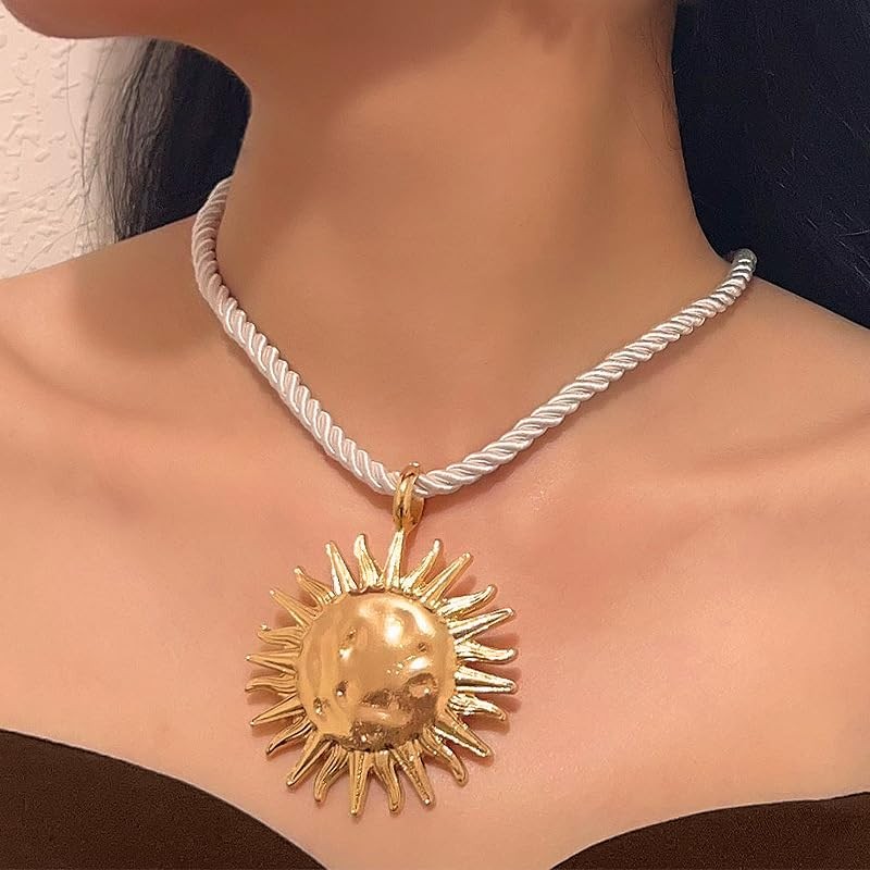 DIONFEI Exquisite Gold Sun Pendant Beige Rope Necklace - Retro