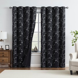 Fragrantex Black Floral Blackout Curtains 63 Inch Long for Living Room Bedroom 2 Panels Set, Rose Patterned Print Thermal Insulated Room Darkening Window Curtains, Grommet Top, 52" x 63"