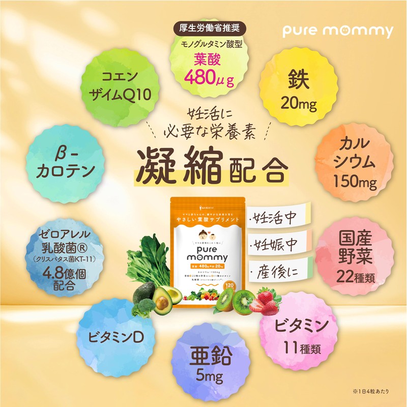 【厚生労働省推奨の葉酸480μg配合】 葉酸 × 妊活 サプリメント ピュアマミー モノグルタミン酸型 葉酸サプリ 60日分 無添加