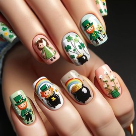 24Pcs St. Patrick Day Nails Shamrock Press on Nails Medium Square Fake Nails with Cartoon Elf Rainbow Design Spring False Nails Clover Full Cover Glue on Nails Glossy Acrylic Stick on Nails Kit