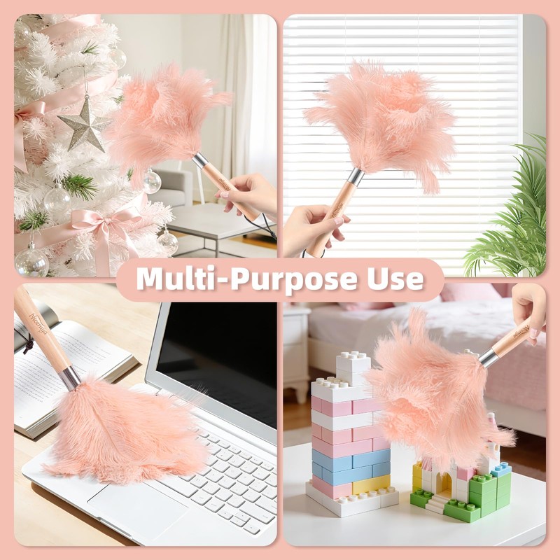 Pink Ostrich Feather Duster with Wooden Handle, 13.5 inch Natural