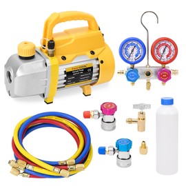 FavorCOOL AC Gauges and Vacuum Pump Kit, 3 cfm 1/4 HP HVAC Vacuum Pump and AC Manifold Gauge Set for R410a R134a R22 Refrigerants, with 4FT Hoses Adjustable Couplers Adapter and Can Tap