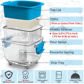 Large 20 oz Tofu Press, Easily Remove Water from Tofu in 10-20 Mins, Vegan Tofu Presser for Firm or Extra Firm Tofu, Dishwasher Safe & BPA Free, with Drip Tray, Tofu Recipe Included