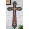 Rustic Western Cowboy Diamond Teardrop Crystals Tooled Leather Wall Cross