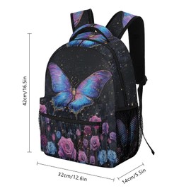 KAFFUL Butterfly Backpack for Girls Women, Kids Blue Pink Butterfly with Roses Bookbag, Large Capacity Travel Laptop Elementary Middle School Backpack, 16.5″