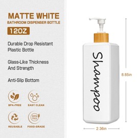 GMISUN Shampoo and Conditioner Dispenser, Refillable White Shampoo and Conditioner Bottles with Bamboo Pump, Modern Bathroom Shower Bottles Set for Shampoo Conditioner Body Wash, 3 Pack