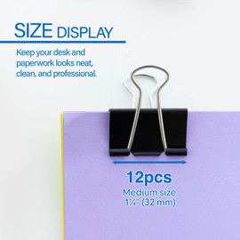 BAZIC Products Medium Binder Clips - Black Color Paper Clamps, Metal Binder Clips for Paper, Classroom Use and Office Essentials, 12/Pack, 1-Pack