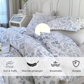 EAVD Blue Floral Comforter Set King White Soft Washed Microfiber Bedding King Size Comforter Set Floral Vintage Style Garden Botanical Comforter with 2 Pillowcases Lightweight and Fluffy