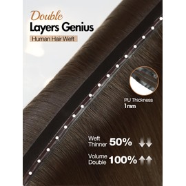 WIGER New Double Weft Hand-tied Remy Human Hair Extensions Dark Brown Genius Hair Extensions Real Human Hair Seamless Injected 18-inch 100g/Pack Non Sew-in Double Layer Micro Bead PU Hair Extensions