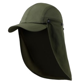 Foldable Baseball Cap Fishing Hat for Men Women Portable UV Protection Sun Hats with Removable Neck Flap for Golf Hiking, Army Green, Medium-Large