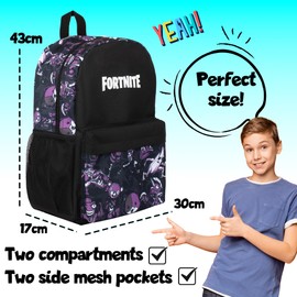 Fortnite School Backpack for Boys Black Large A4 Multicompartment Rucksack Travel Bag with Mesh Pockets and Adjustable Padded Shoulder Straps - Black & Purple