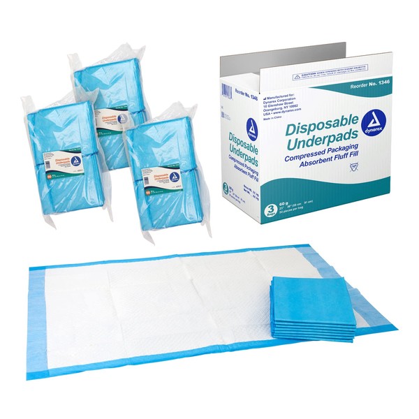 Dynarex Disposable Underpads, Medical-Grade Incontinence Bed Pads to Protect Sheets, Mattresses, and Furniture, 23”x36” (60g), 1 Case of 150 Disposable Underpads (3 Boxes of 50)