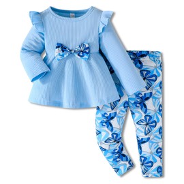Jecson Baby Girl Clothes Set Fall Winter Toddler Girl Outfits 6M-4T Cotton Ribbed Top + Butterfly Pants Infant Clothing, Blue, 12-18 Months