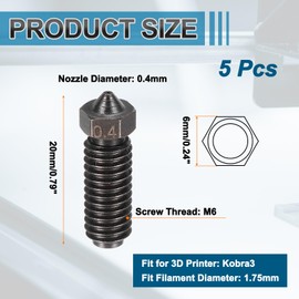 sourcing map 5 Pcs 0.4mm 3D Printer Extruder Nozzles 1.75mm Filament Hardened Steel Print Head High Speed Temperature Packed Wear Resistance Nozzle (20x6mm)