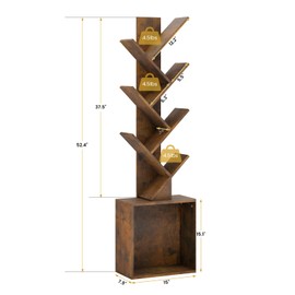 GRUSIGN 6 Tier Tree Book Shelf Small Bookshelf Corner Floor Standing Bookcase with Bottom Cabinet for Bedroom Apartment and Small Space Rustic Brown