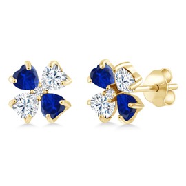Gem Stone King 18K Yellow Gold Plated Silver Blue Created Sapphire White Moissanite and White Lab Grown Diamond Earrings For Women | 2.95 Cttw | Gemstone September Birthstone | Heart Shape 4MM