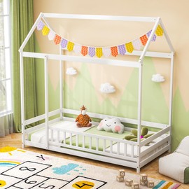 Giantex Twin Floor Bed with Fence, Wood Montessori Bed with Safety Guardrails and 80.5" High Roof Design, Without Slats, House Bed Frame, Low Floor Bed Twin for Kids, Girls, Boys (White)