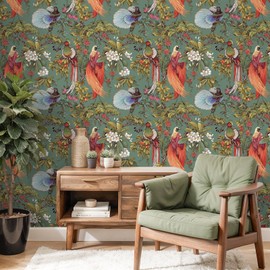 VEELIKE Vintage Chinoiserie Peel and Stick Wallpaper Green Bird Wallpaper for Bedroom Living Room 17.7''x354'' Prepasted Removable Floral Wall Paper Green Contact Paper for Cabinets Drawers Walls