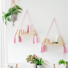 Hängeregale mit Seil (2er-Set mit Haken), Holzseilregale, Wandregal, Makramee-Regale, schwebende Regale, Schaukelregal aus rustikalem Holz, Weiß, Vintage für Innenbereich (Rosa)