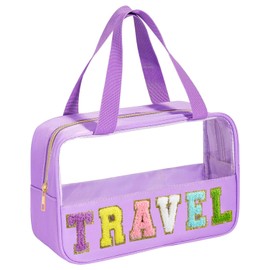 BuyCard Chenille Letter Patch Clear Travel Bags, Preppy PVC&Nylon Makeup Bag with Handle and Zipper, Waterproof Large Clear Travel Toiletry Bag Storage Bag for Women Girls Purple