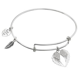 Rhodium On 925 Sterling Silver Angel Guardian Wing CZ Heart Feather Dangle Charm Bangle Bar Bracelet